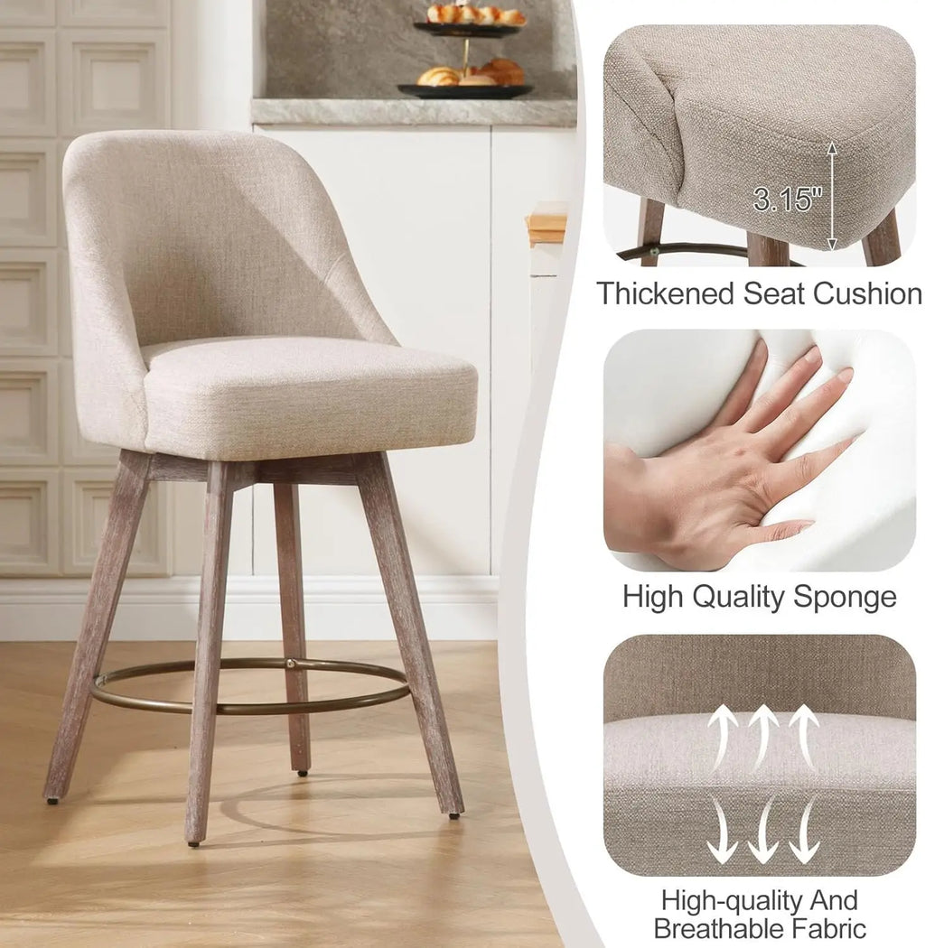 Modern Mid-Century Swivel Barstools with Backs and Wood Legs, Linen Fabric Upholstered Chairs