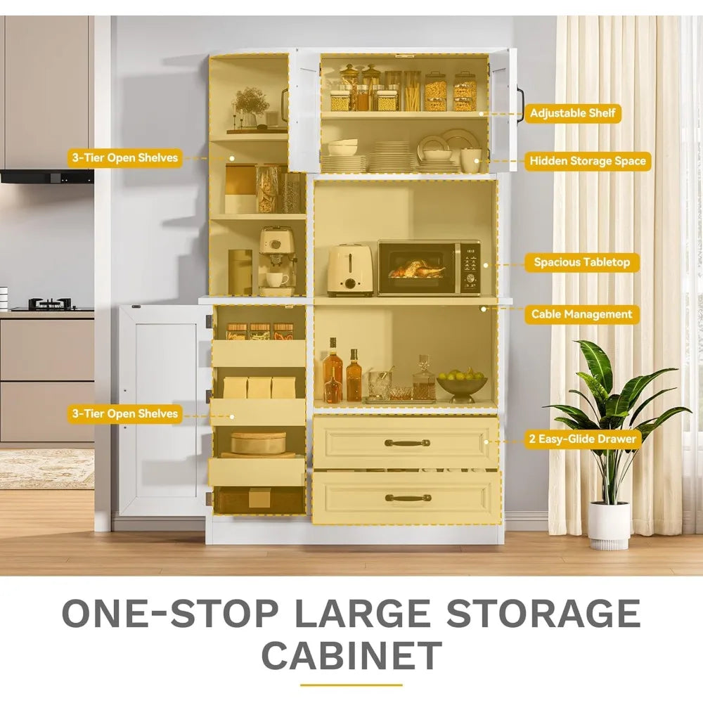 64" H Kitchen Hutch Cabinet with Power Outlet, Sliding Racks with Door, Drawers with Doors and