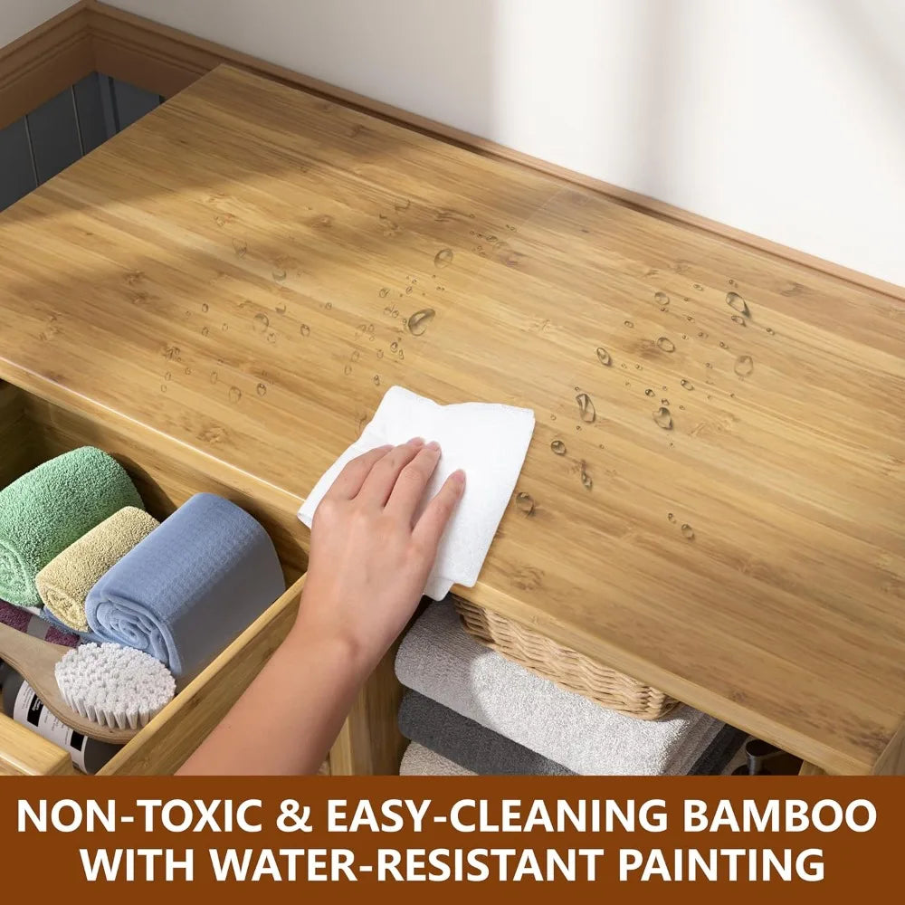 Bamboo Bathroom Storage Cabinet with 2 Shelves & Drawers, Waterproof Countertop