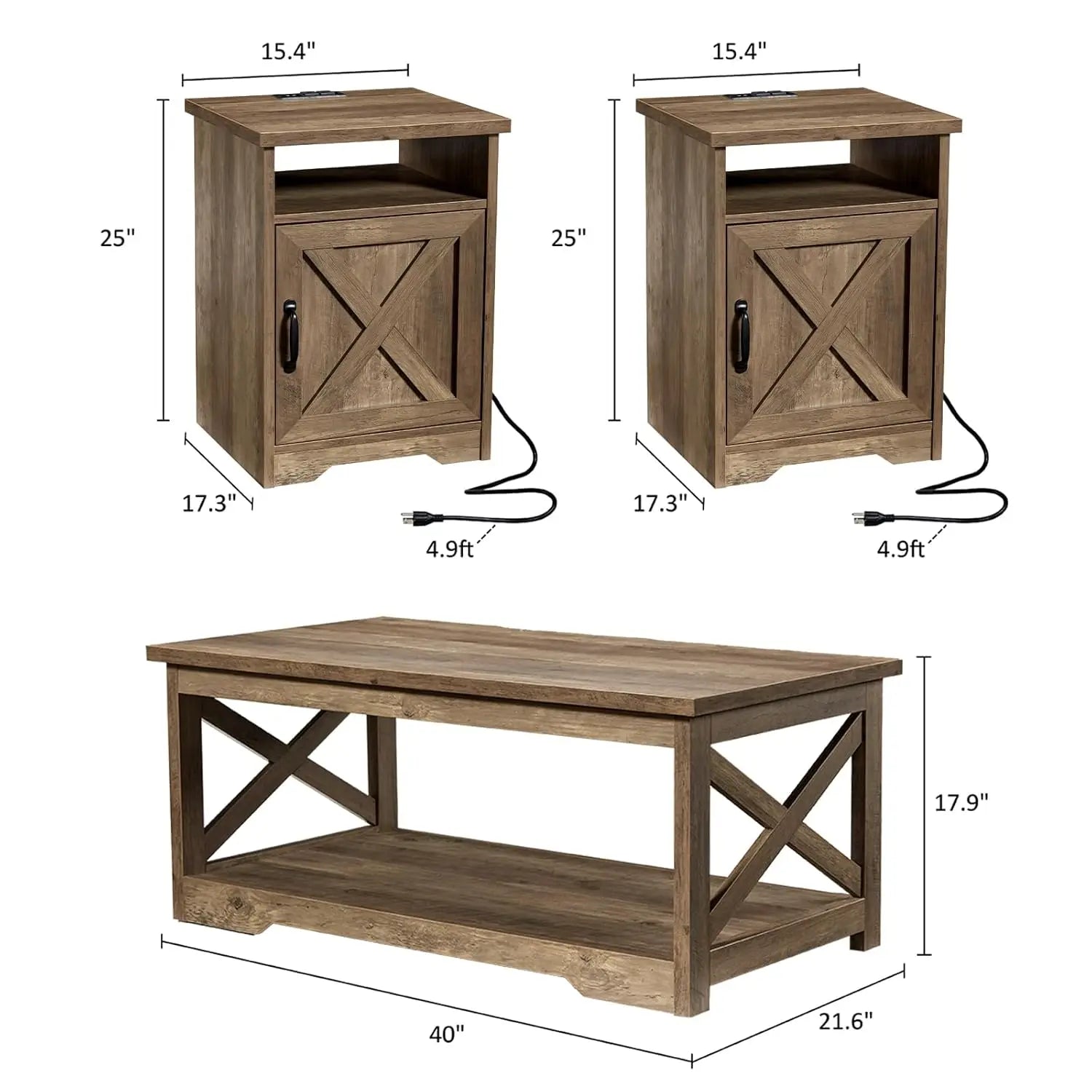 3-Piece Farmhouse Table Set - Coffee Table & 2 End Tables with Charging Station & USB Ports