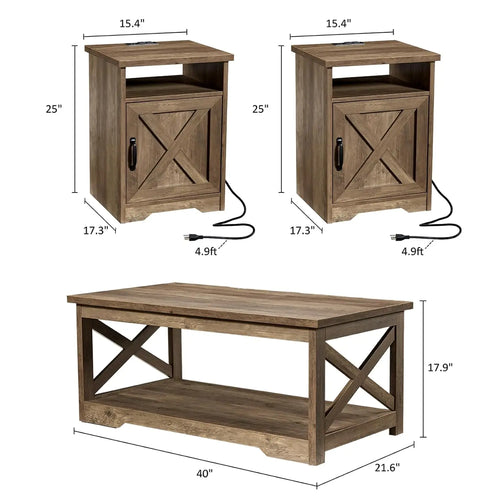 3-Piece Farmhouse Table Set - Coffee Table & 2 End Tables with Charging Station & USB Ports