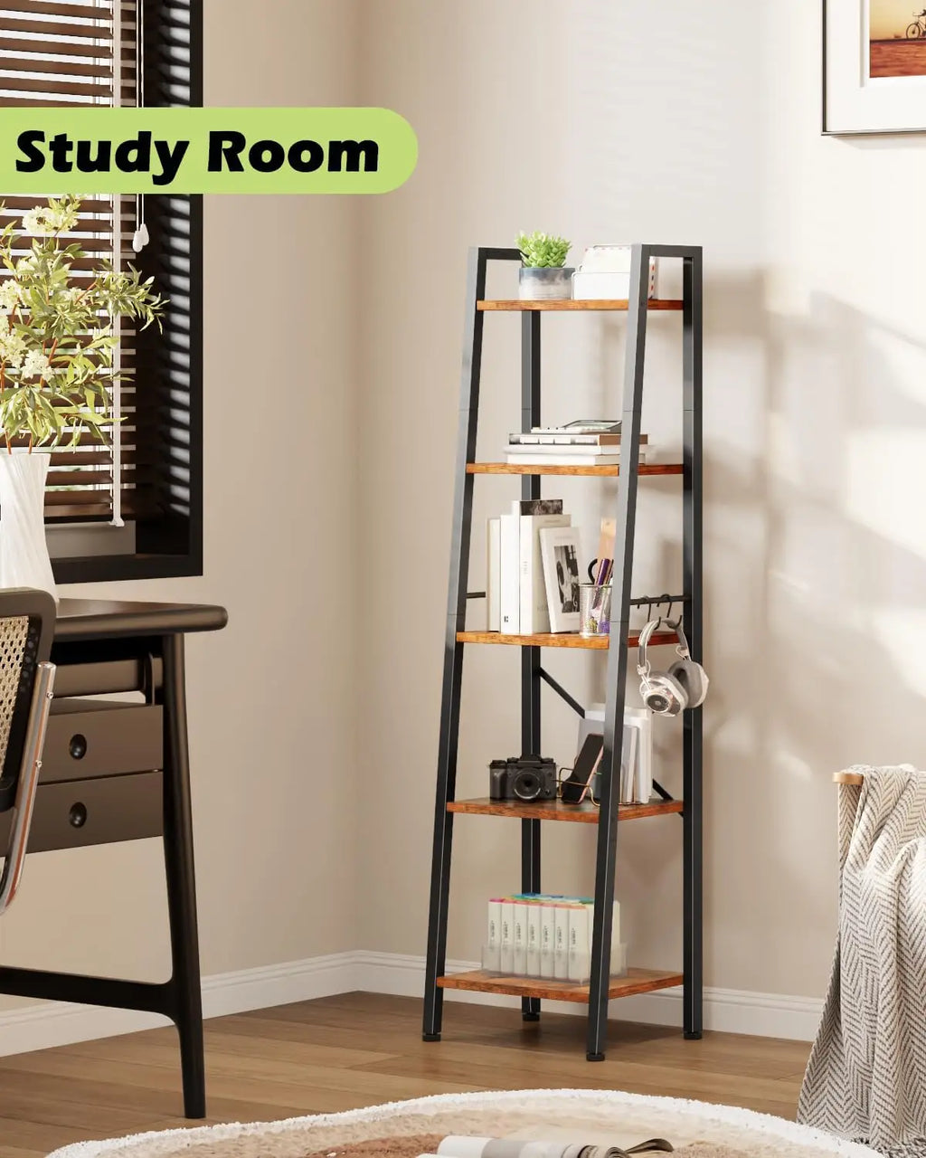 5 Tier Ladder Shelf Bookcase, Rustic Brown Metal Wood Display
