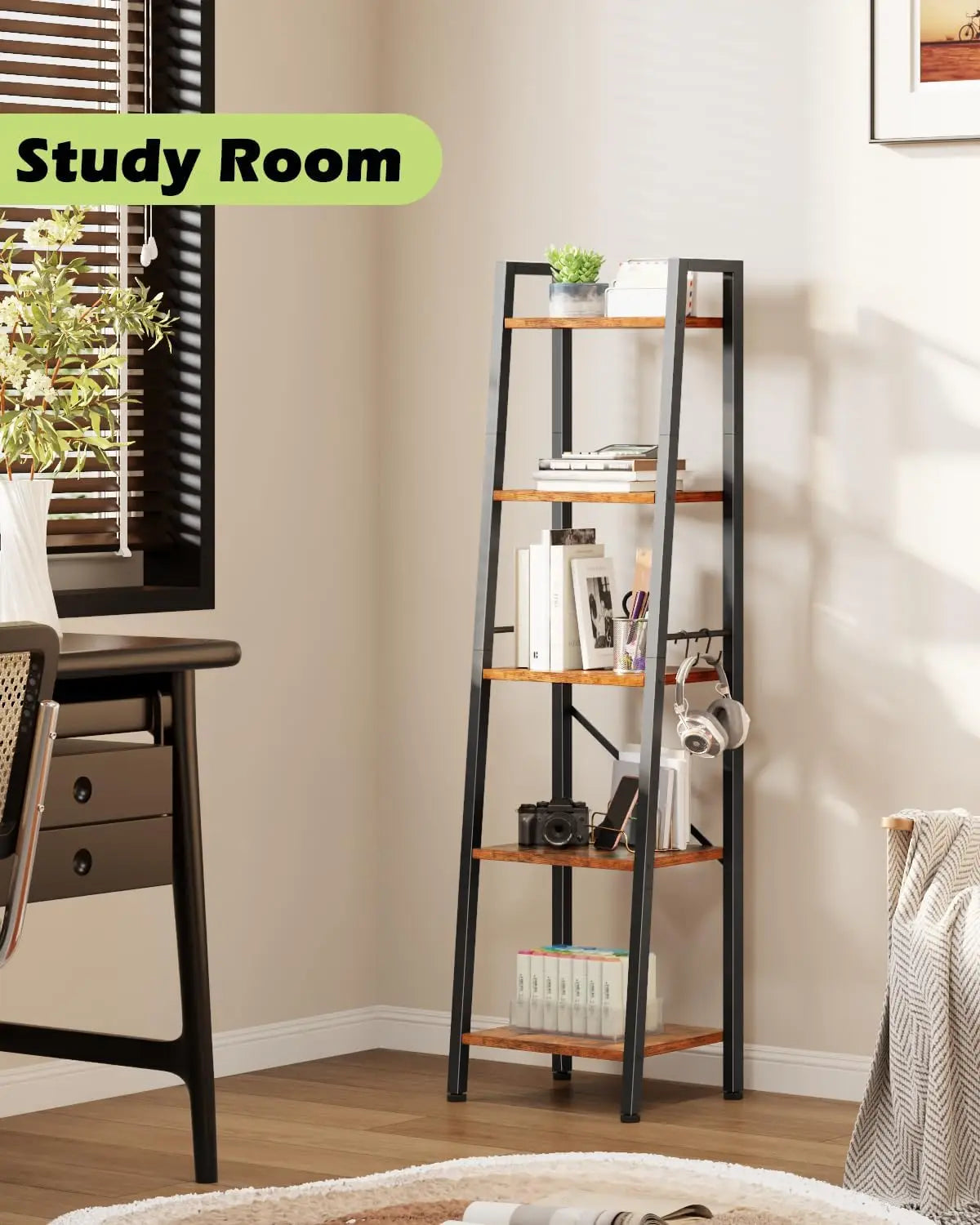 5 Tier Ladder Shelf Bookcase, Rustic Brown Metal Wood Display
