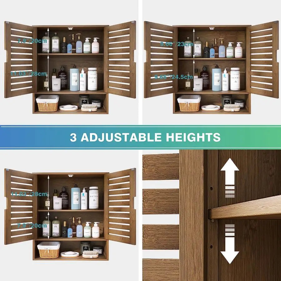 Bathroom Cabinet Wall Mounted, Bamboo OverTheToilet Storage Organizer, Space Saver Medicine Cabinet with 2 Doors