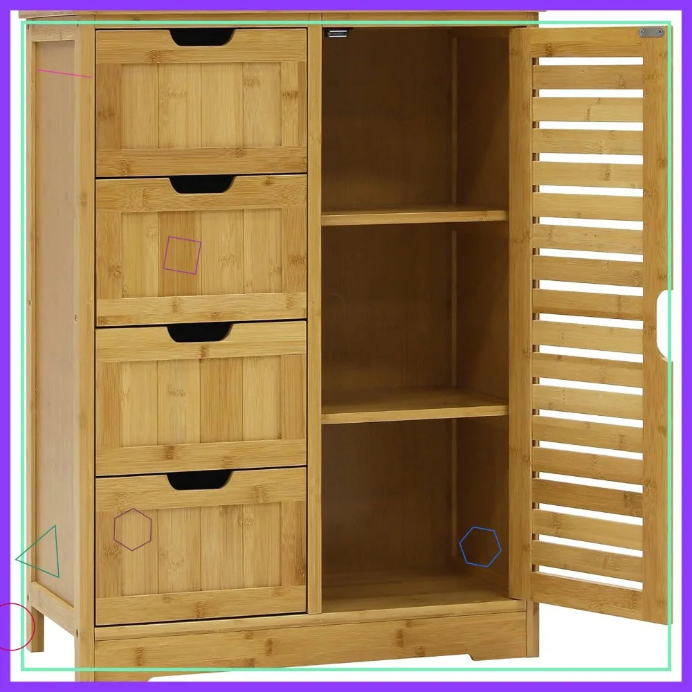 Bamboo Bathroom Storage Cabinet with 2 Shelves & Drawers, Waterproof Countertop