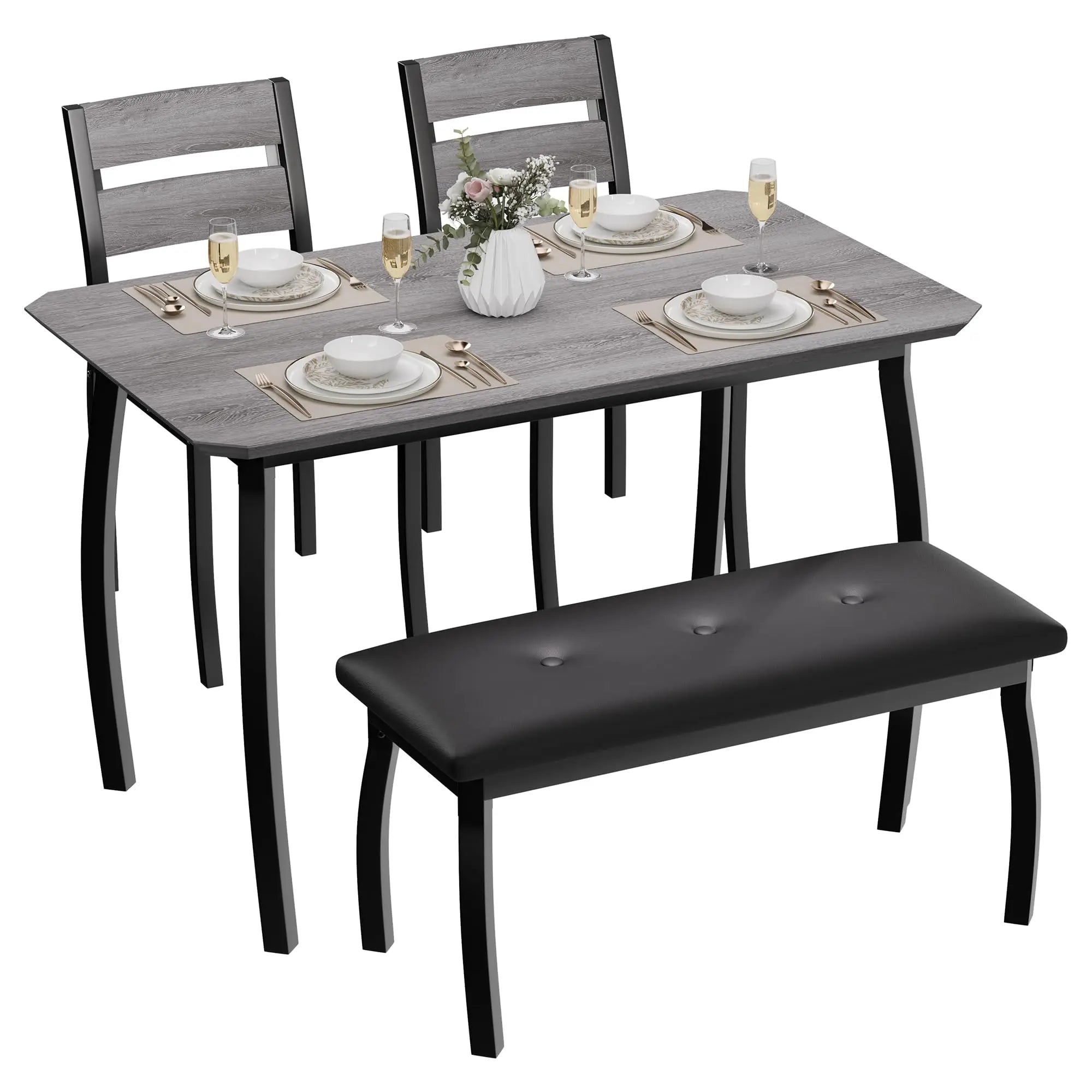 Dining Table Set for 4, Kitchen Table with Upholstered Bench and 2 Chairs, Set for Small Space