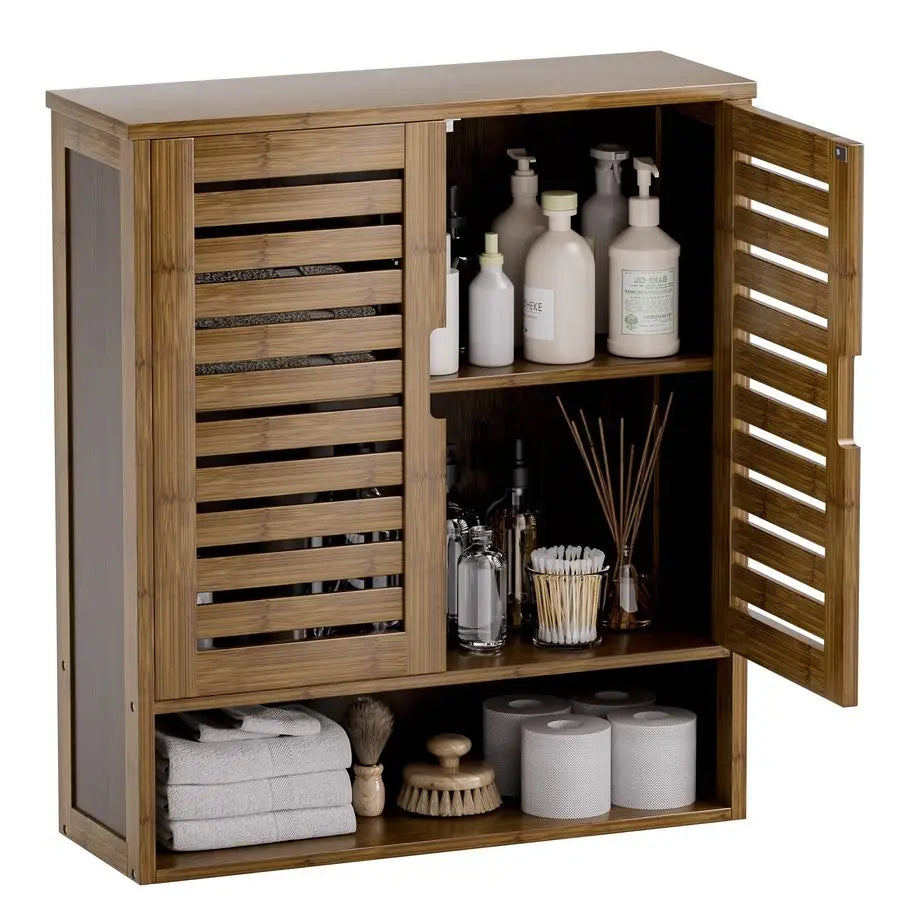 Bathroom Cabinet Wall Mounted, Bamboo OverTheToilet Storage Organizer, Space Saver Medicine Cabinet with 2 Doors