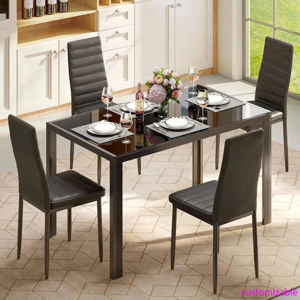 5 Piece Glass Dining Table Set, Kitchen and Chairs for 4