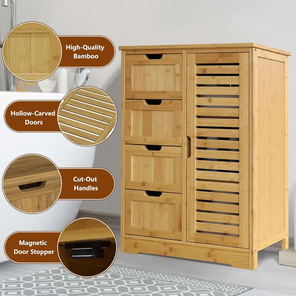 Bamboo Bathroom Storage Cabinet with 2 Shelves & Drawers, Waterproof Countertop