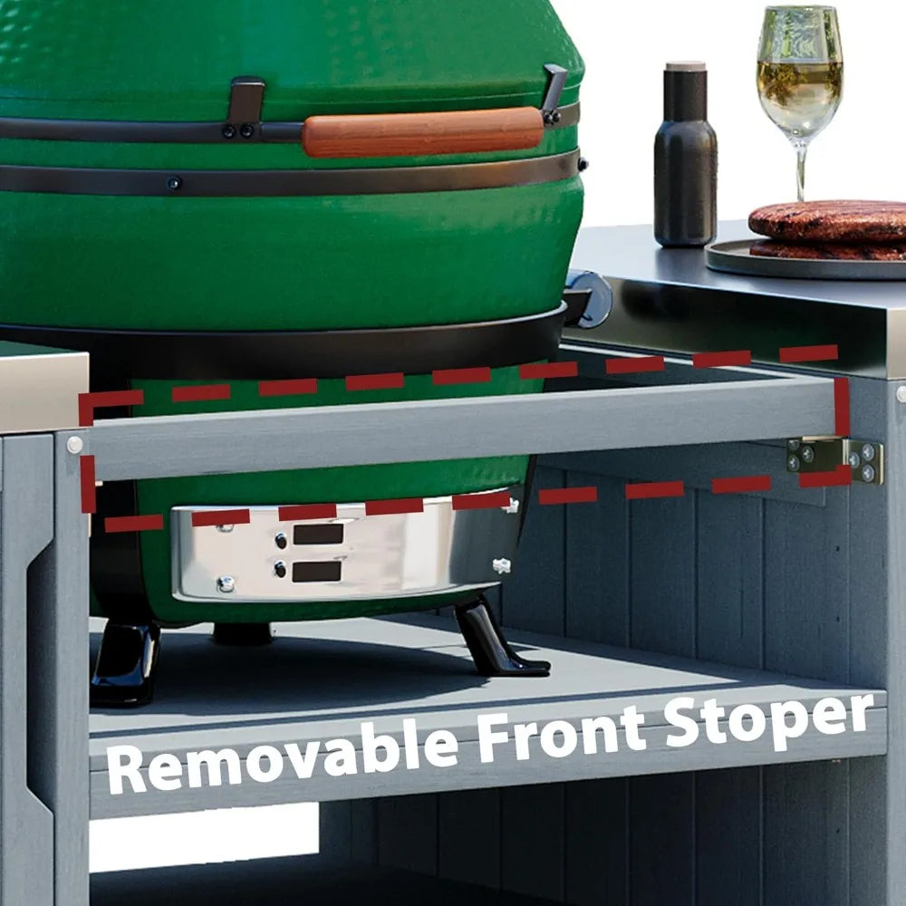 Outdoor Kitchen Island for Big Green Egg Grills, with Solid Wood Outdoor Grill Table and Stainless Steel Top