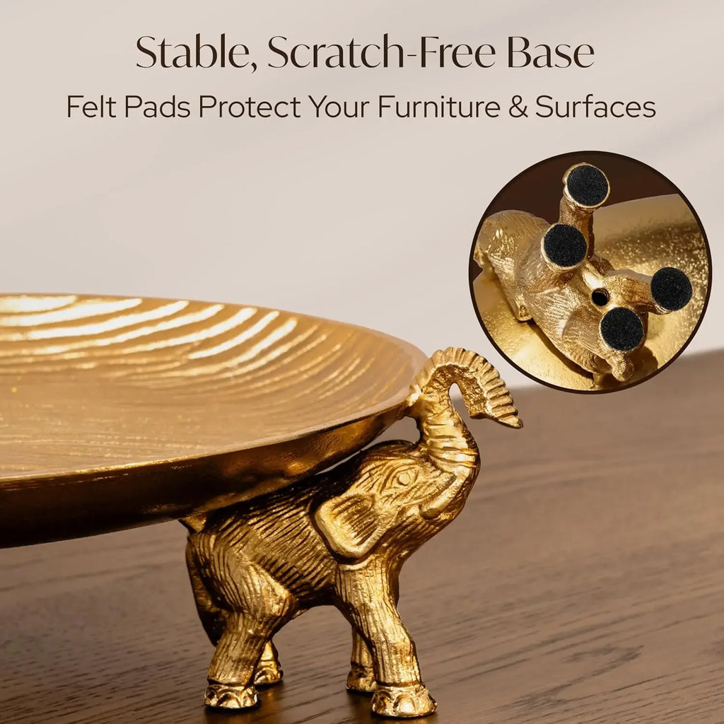 Round Decorative Tray with Elephant Stands, Golden