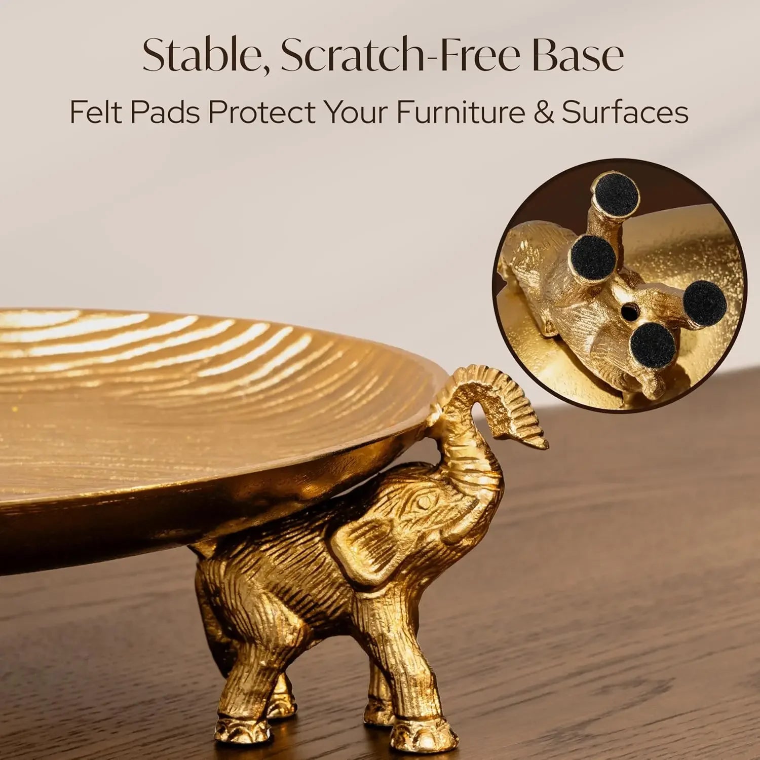 Round Decorative Tray with Elephant Stands, Golden