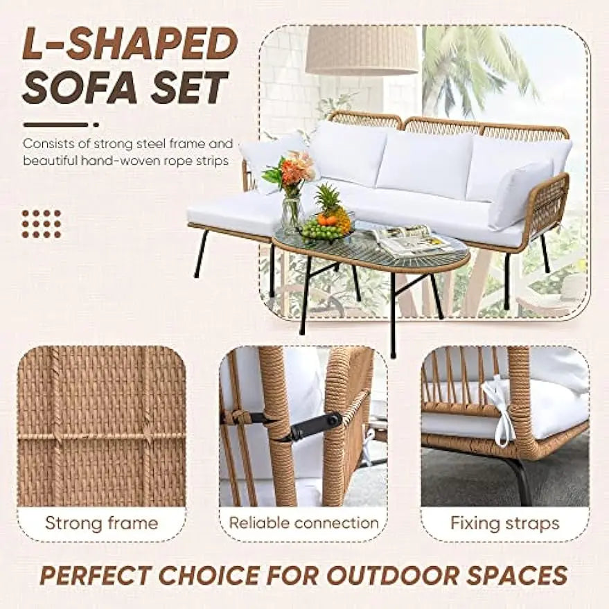 Outdoor L-Shaped Rope Sofa Set with Table & Cushions