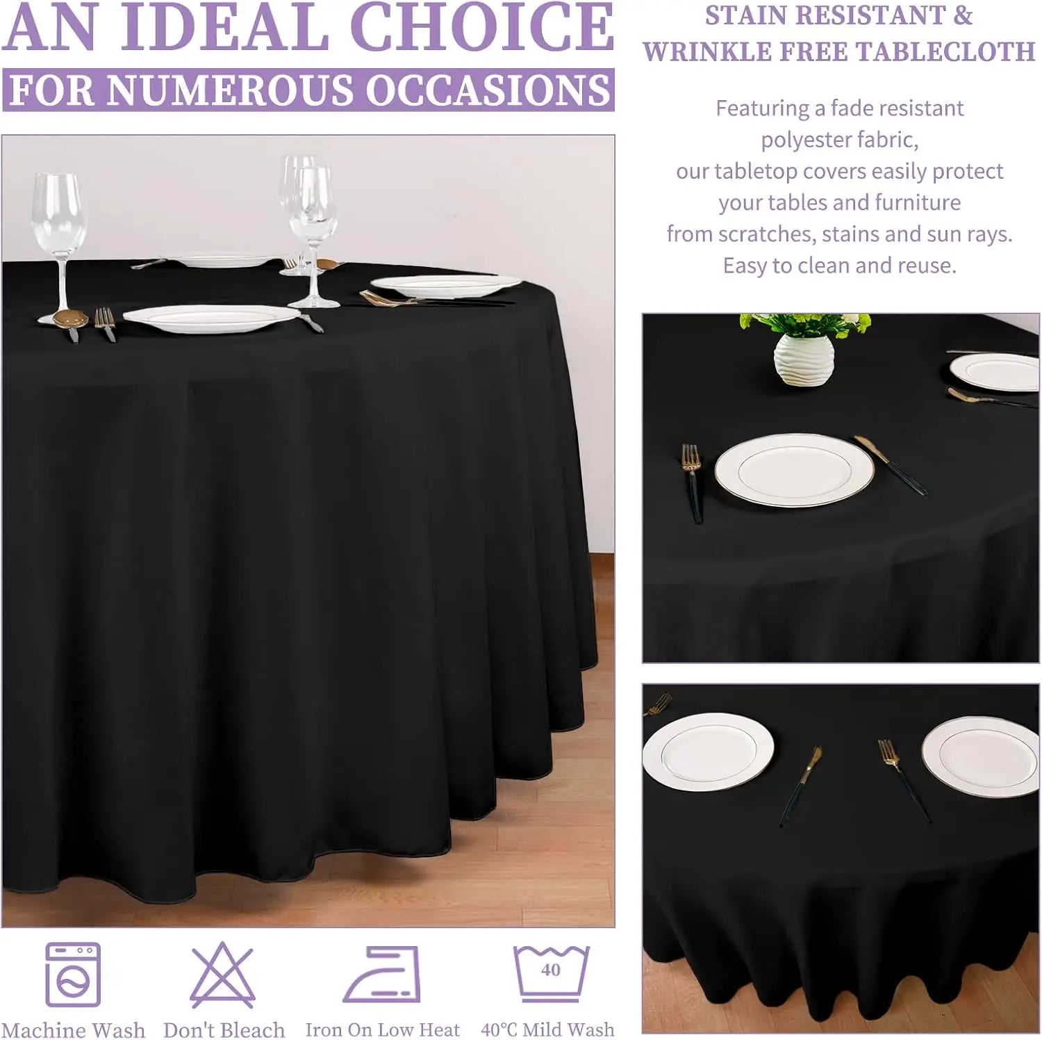 10 Pack Black Round Tablecloth 90 Inch Washable Polyester Tablecloths