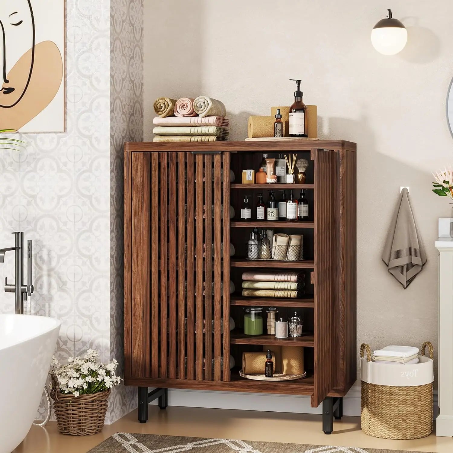 6-Tier Bathroom Floor Cabinet with 2 Shutter Doors, Wooden Bathroom Storage Cabinet with Adjustable Shelves