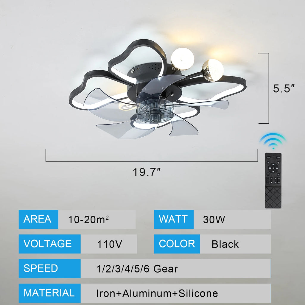 Butterflies Ceiling Fan with LED lights and Transparent Blades, Low-Profile Design