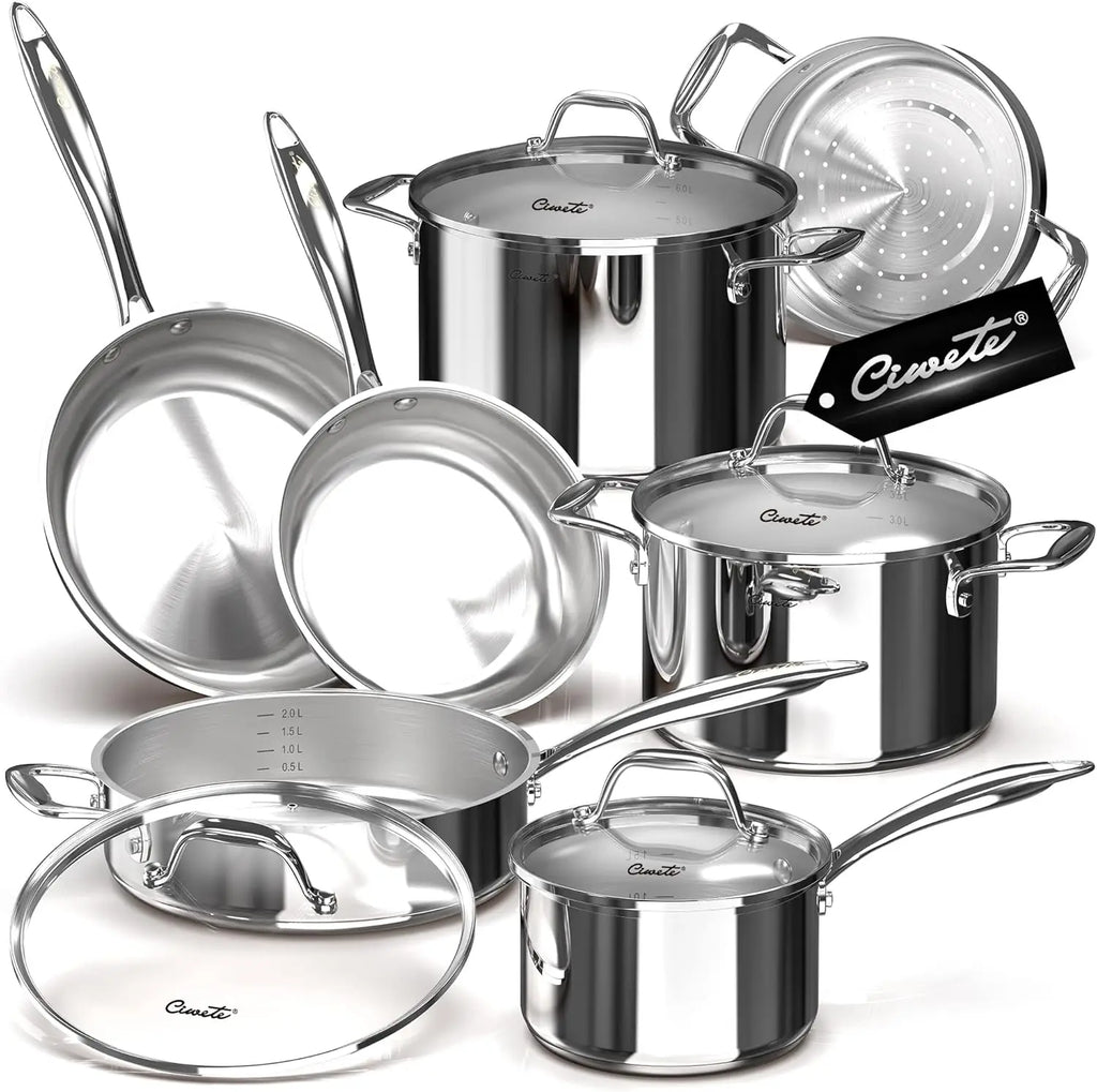 Tri-Ply Stainless Steel Pots and Pans Set 11-PC, Induction Cookware Set with Steamer Insert