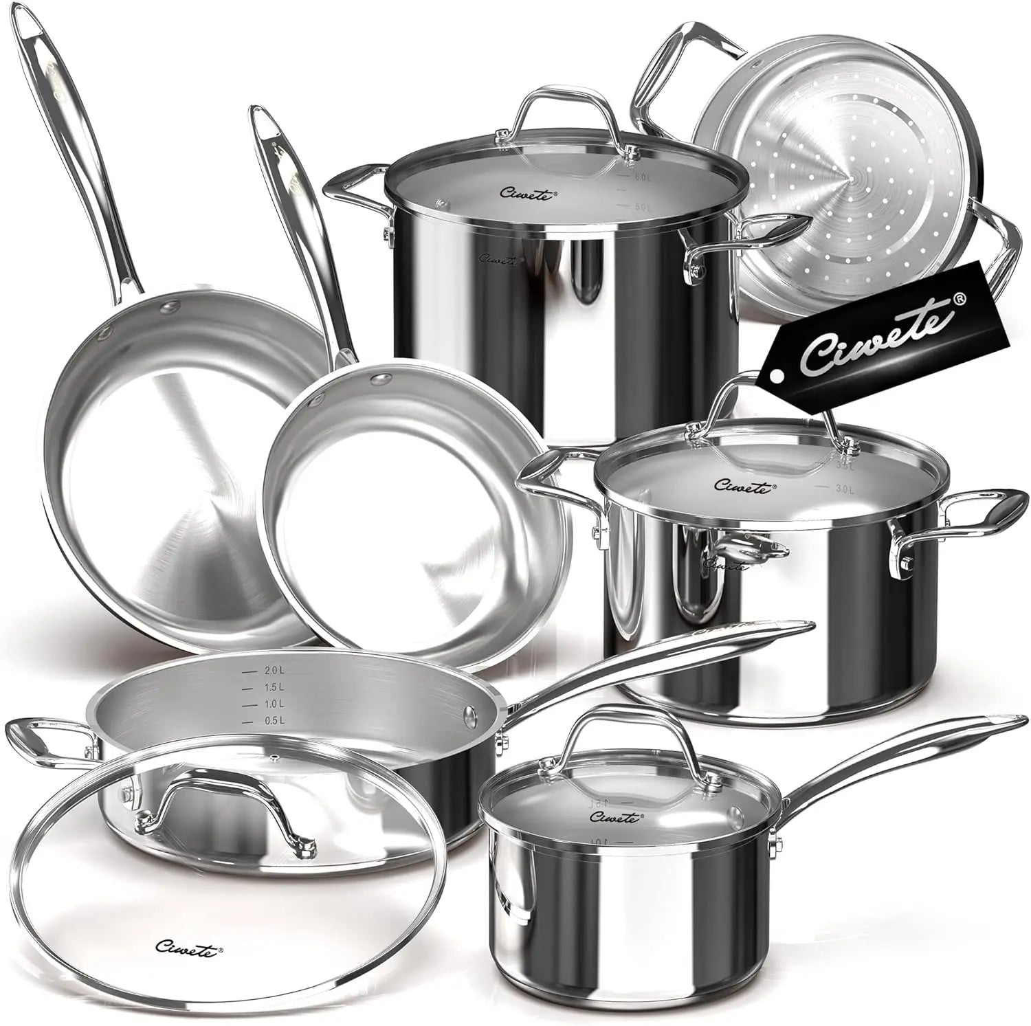 Tri-Ply Stainless Steel Pots and Pans Set 11-PC, Induction Cookware Set with Steamer Insert