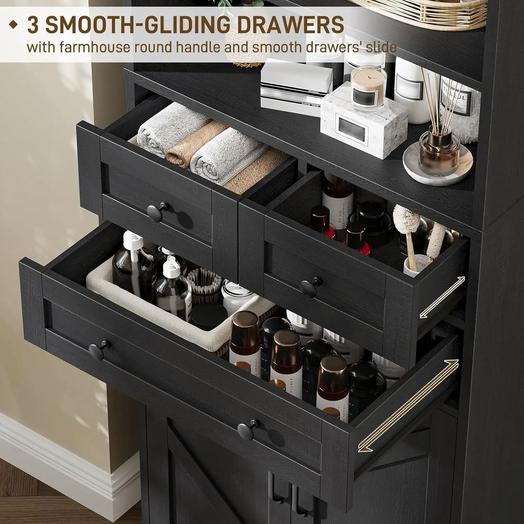 Farmhouse Bathroom Cabinet, 70" Tall Bathroom Storage Cabinet with 3 Drawers, Adjustable Shelves & Doors, 3 Tier