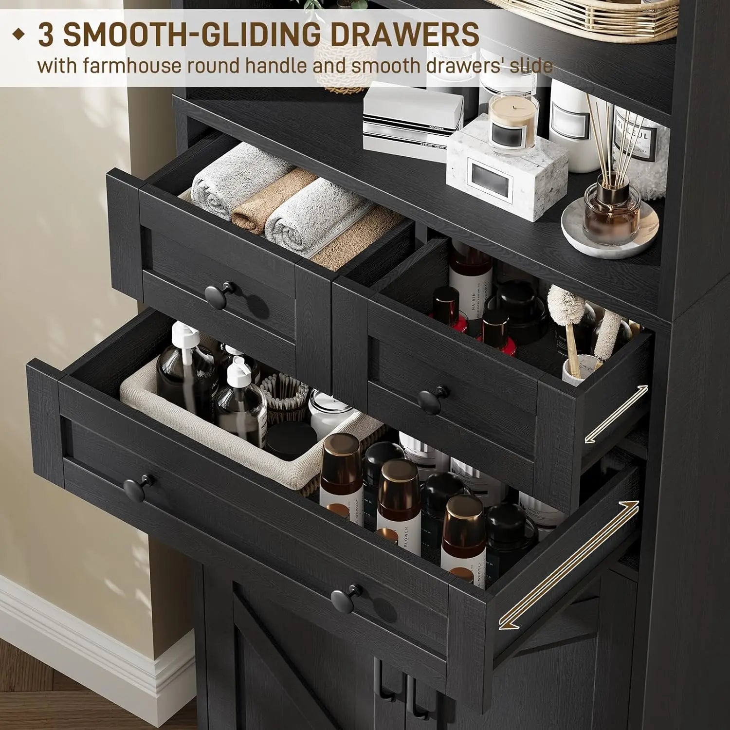 Farmhouse Bathroom Cabinet, 70" Tall Bathroom Storage Cabinet with 3 Drawers, Adjustable Shelves & Doors, 3 Tier