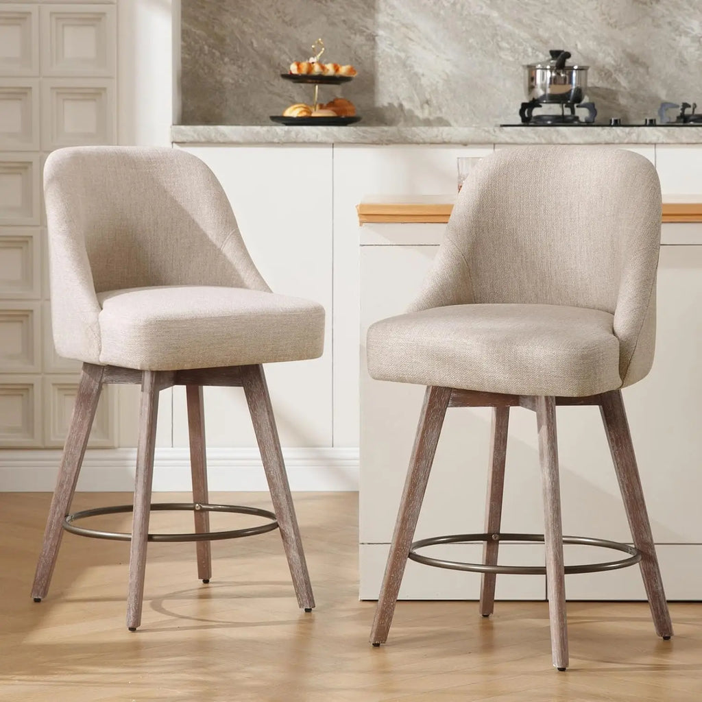 Modern Mid-Century Swivel Barstools with Backs and Wood Legs, Linen Fabric Upholstered Chairs