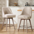 Modern Mid-Century Swivel Barstools with Backs and Wood Legs, Linen Fabric Upholstered Chairs