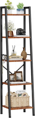 5 Tier Ladder Shelf Bookcase, Rustic Brown Metal Wood Display