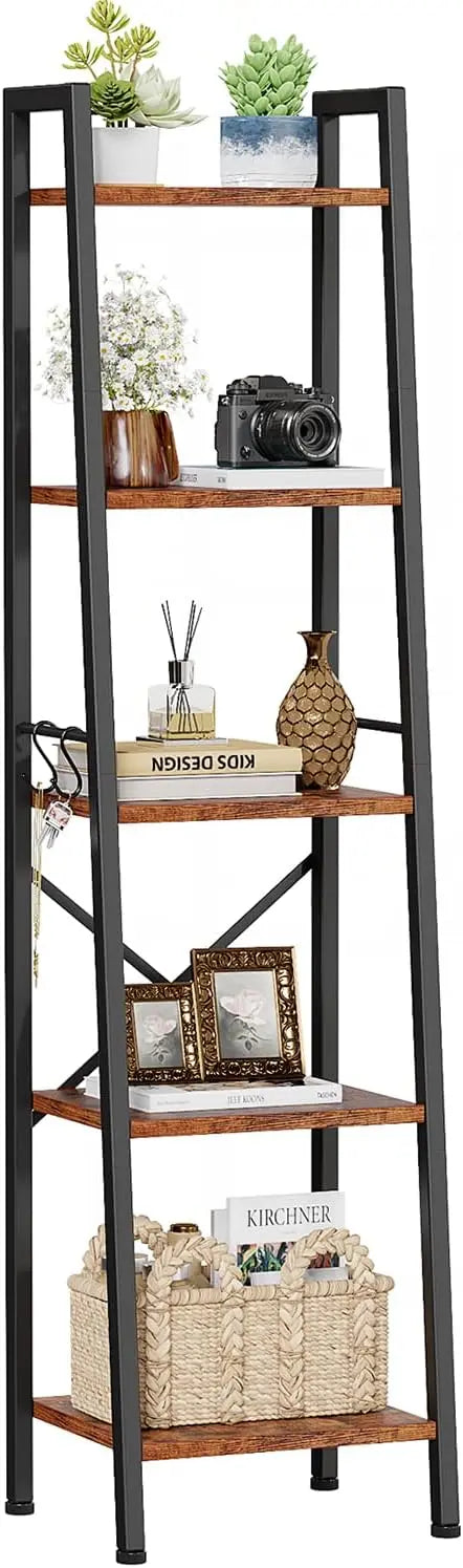 5 Tier Ladder Shelf Bookcase, Rustic Brown Metal Wood Display