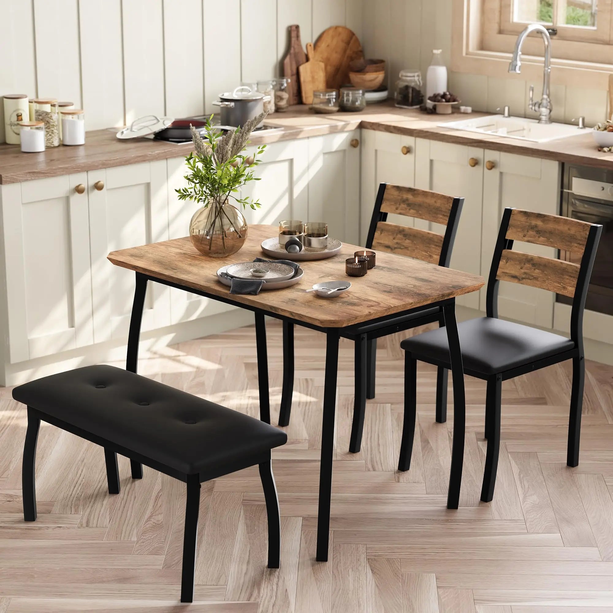Dining Table Set for 4, Kitchen Table with Upholstered Bench and 2 Chairs, Set for Small Space