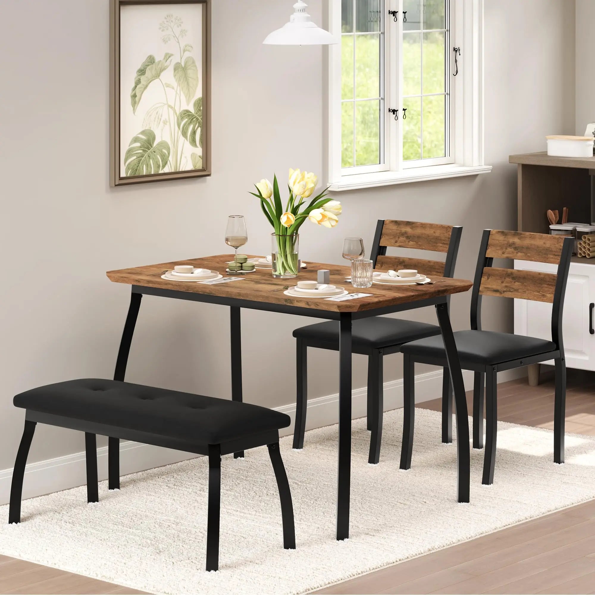 Dining Table Set for 4, Kitchen Table with Upholstered Bench and 2 Chairs, Set for Small Space