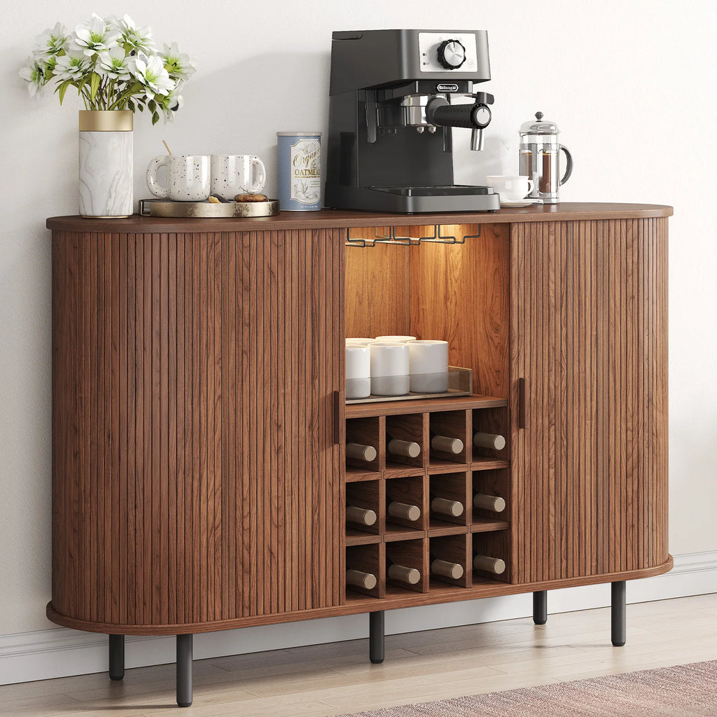 Wine Bar Cabinet w/ LED Light, Liquor Cabinet ,Coffee Bar Cabinet w/ Wine Rack & Glass Holder, Walnut Buffet Sideboard