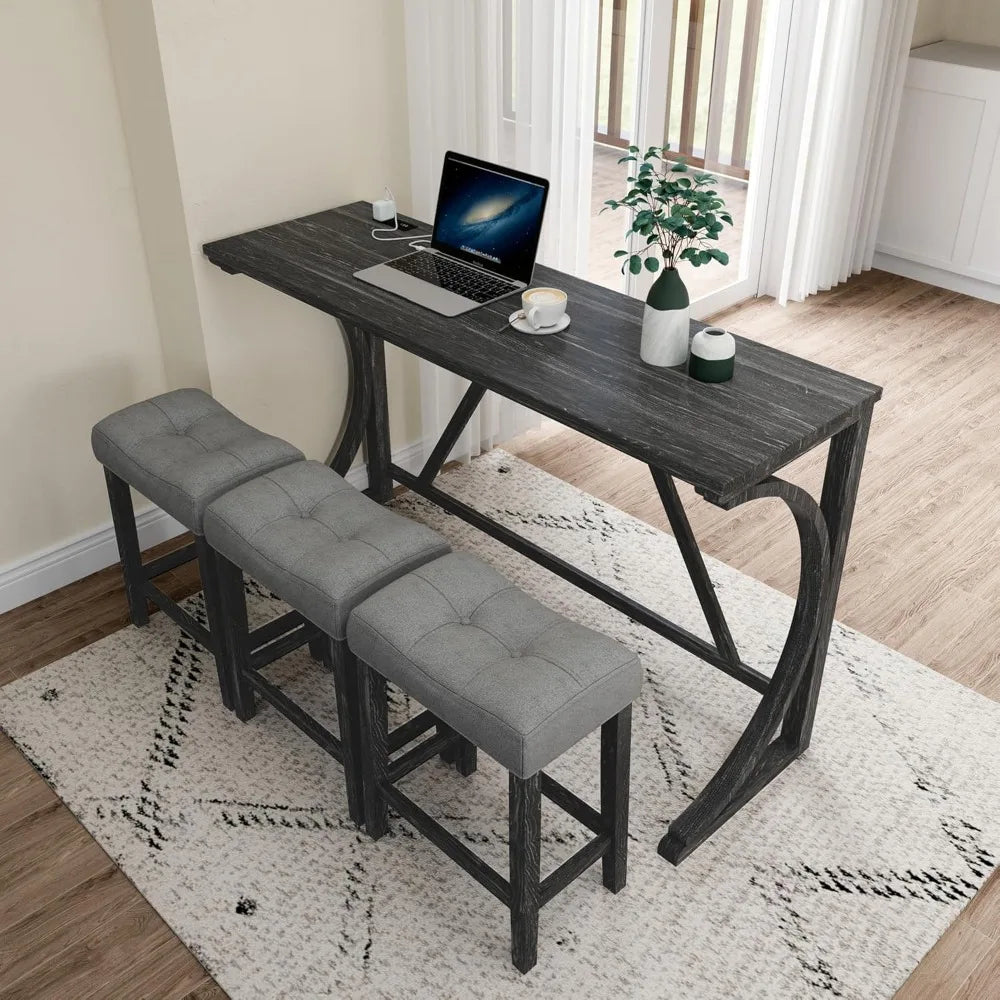 Farmhouse Counter Height Dining Set - Bar Table and Chairs, with Power Outlet and 3 Upholstered Stools