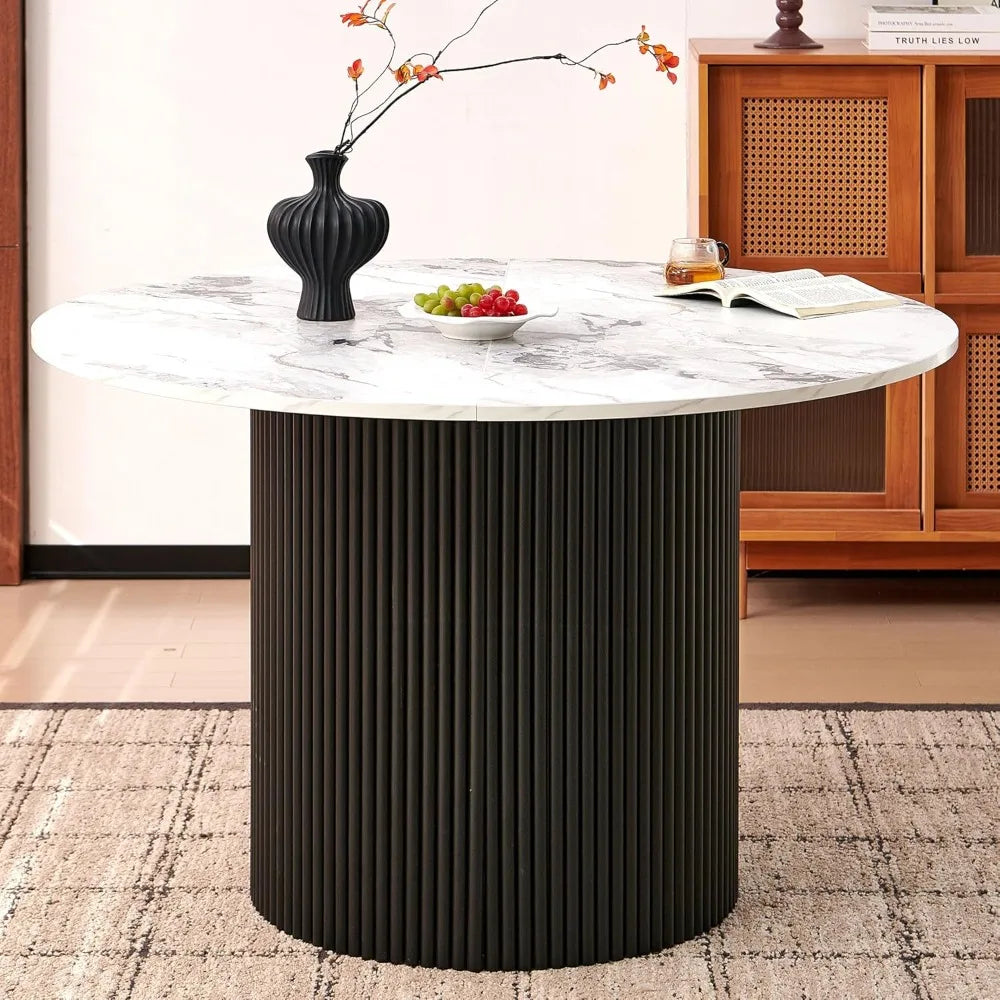 Modern Round Dining Table for 4-6, White Marble Top with Fluted Base