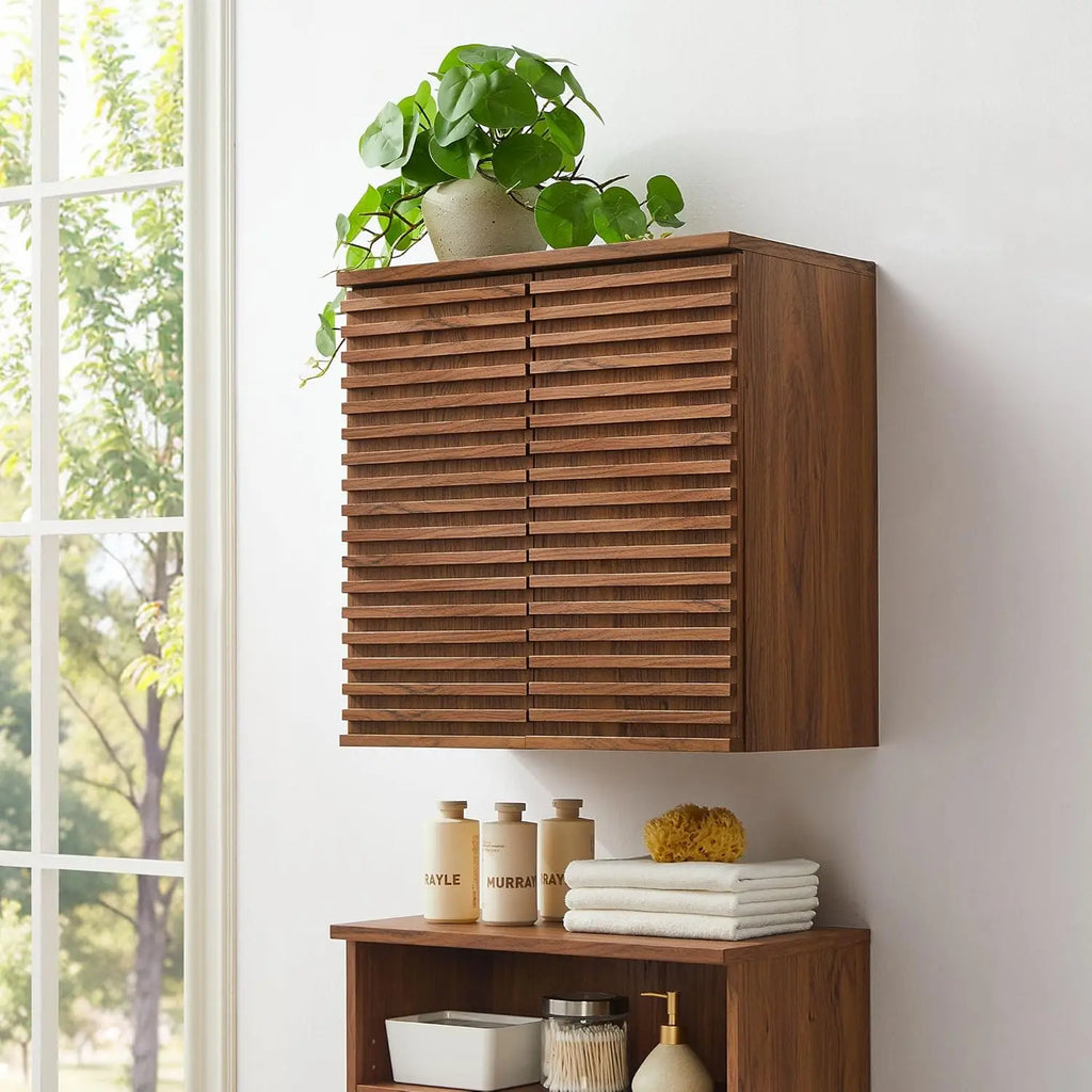 Wall Mounted Bathroom Cabinet in Walnut Compact Wall Storage with Slatted Doors and Adjustable