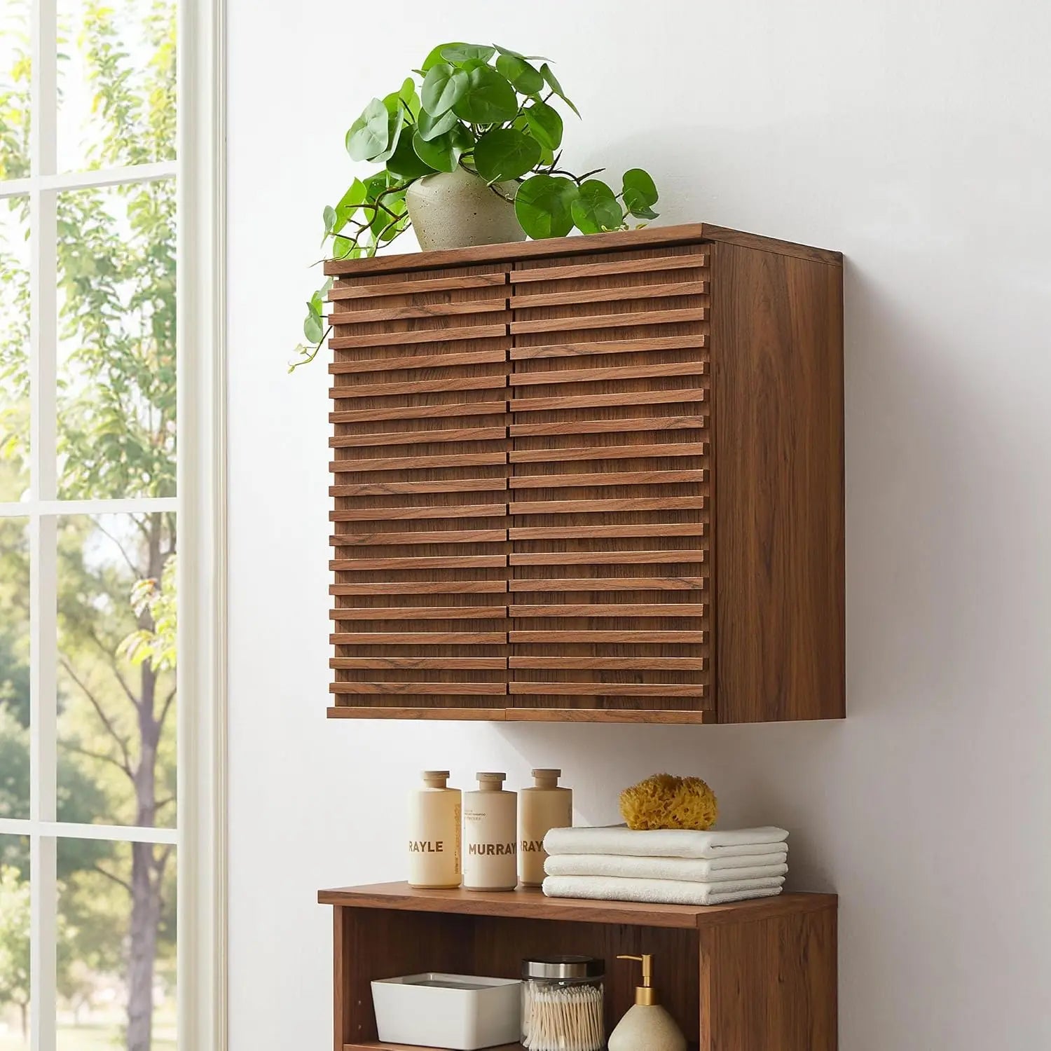 Wall Mounted Bathroom Cabinet in Walnut Compact Wall Storage with Slatted Doors and Adjustable