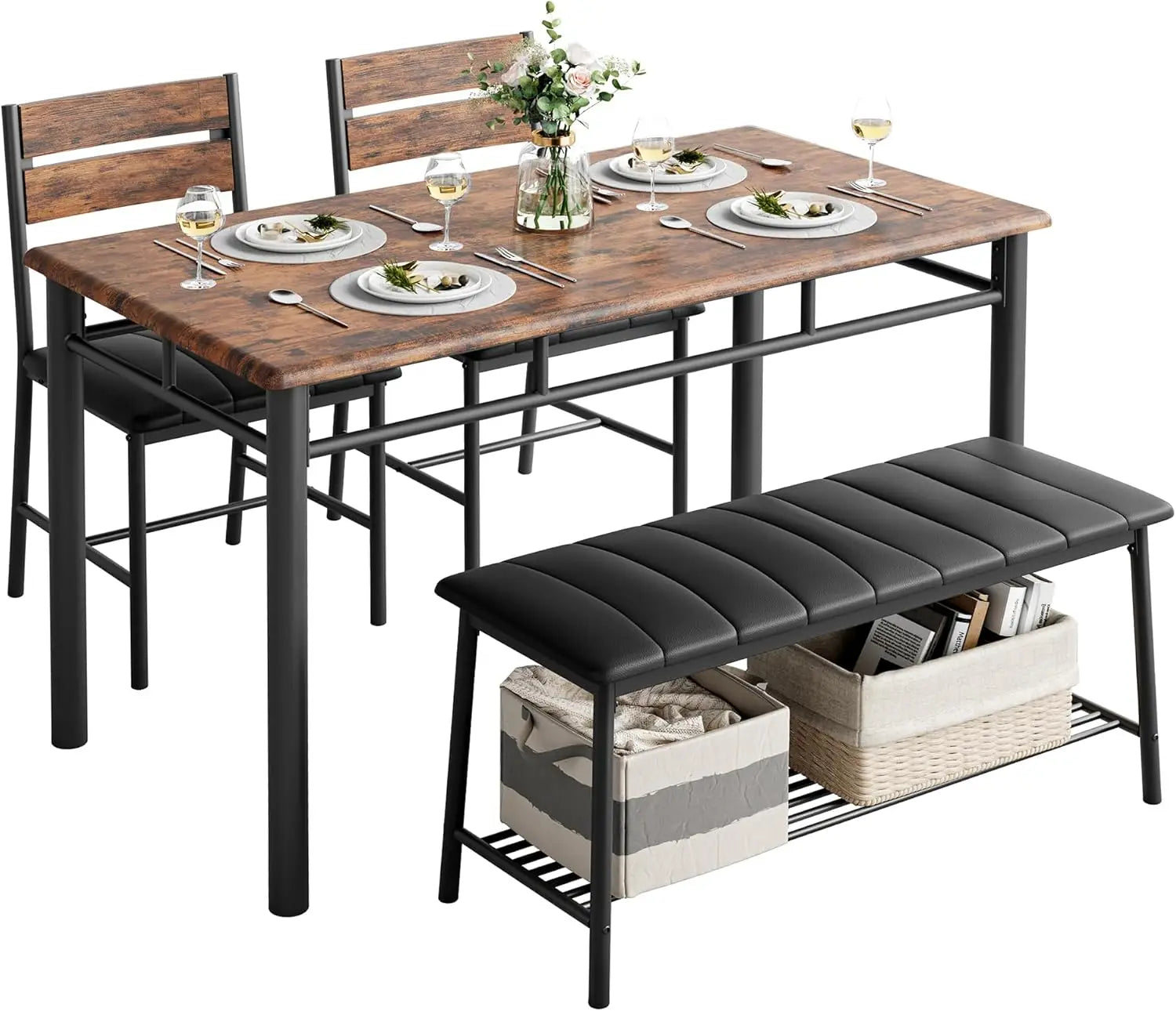 Dining Table Set for 4, Kitchen Table and Chairs and Bench Set for Small Space