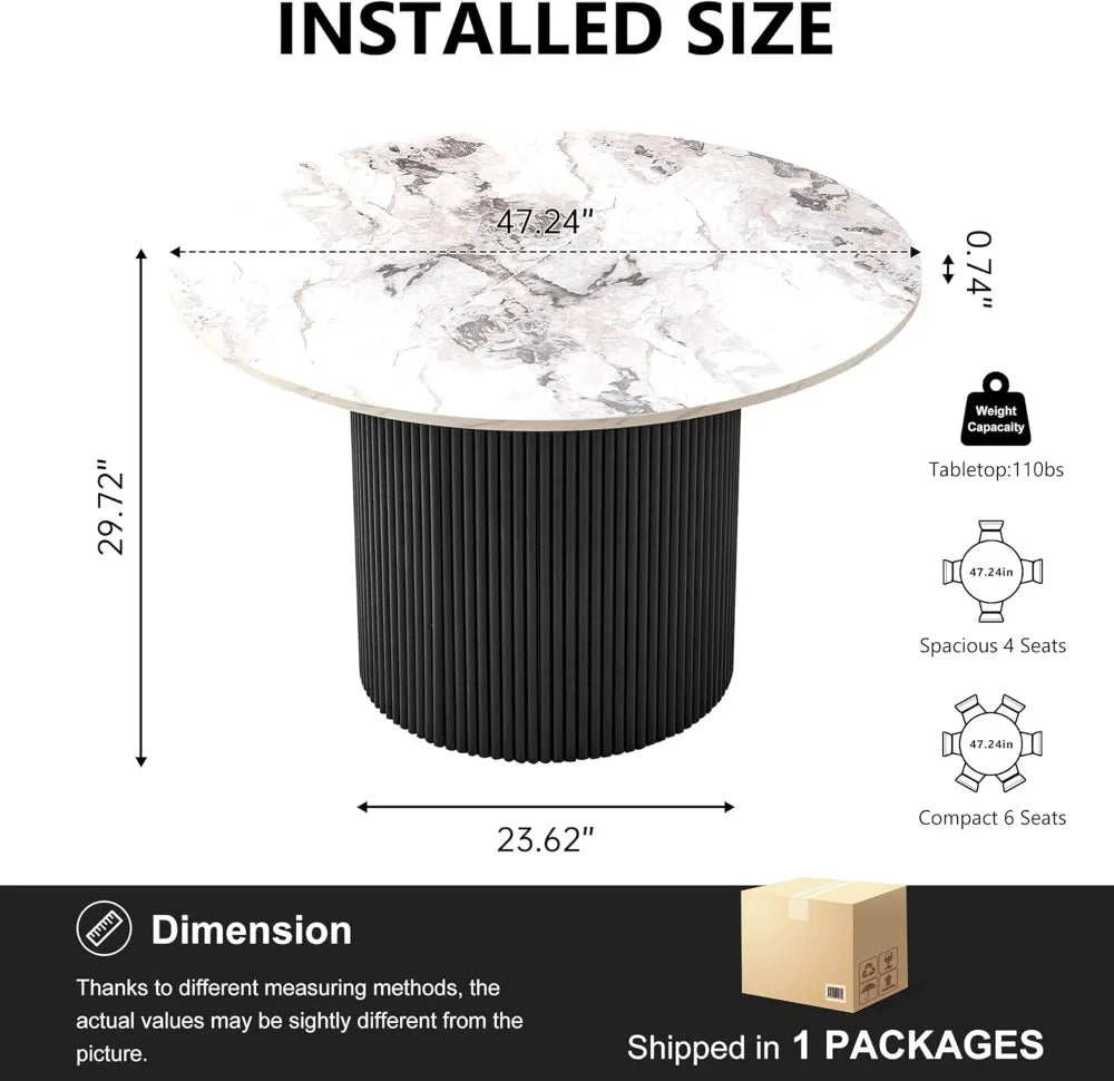 Modern Round Dining Table for 4-6, White Marble Top with Fluted Base
