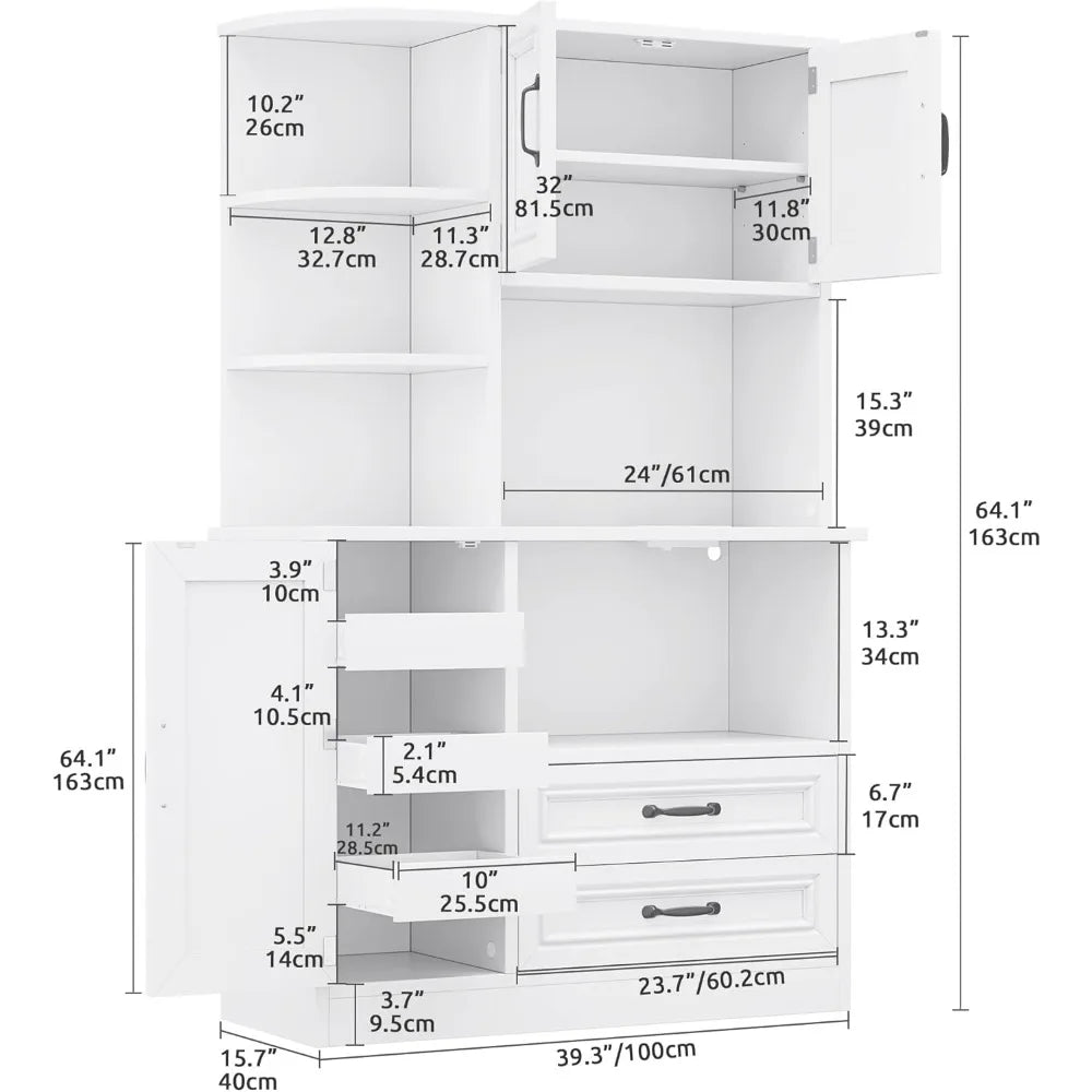 64" H Kitchen Hutch Cabinet with Power Outlet, Sliding Racks with Door, Drawers with Doors and