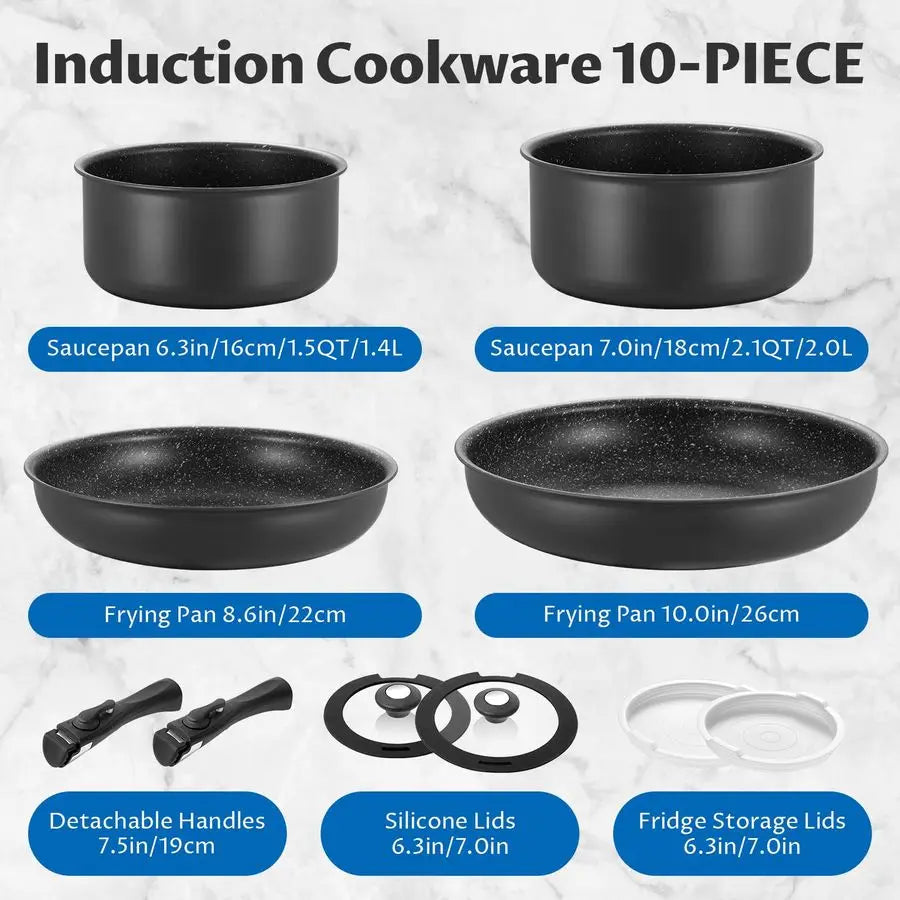 Induction Cookware Set 10 Pieces, Nonstick Pots and Pans Set with Removable Handles