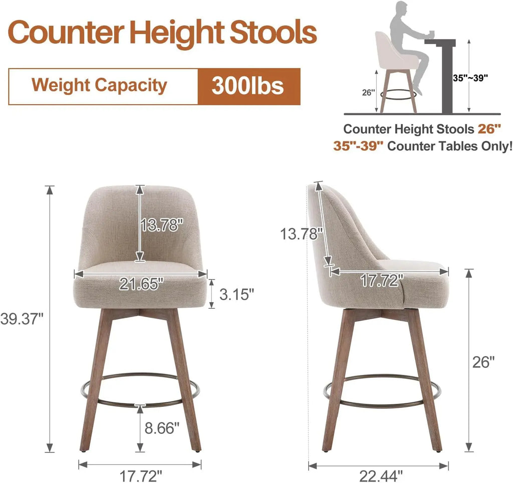 Modern Mid-Century Swivel Barstools with Backs and Wood Legs, Linen Fabric Upholstered Chairs