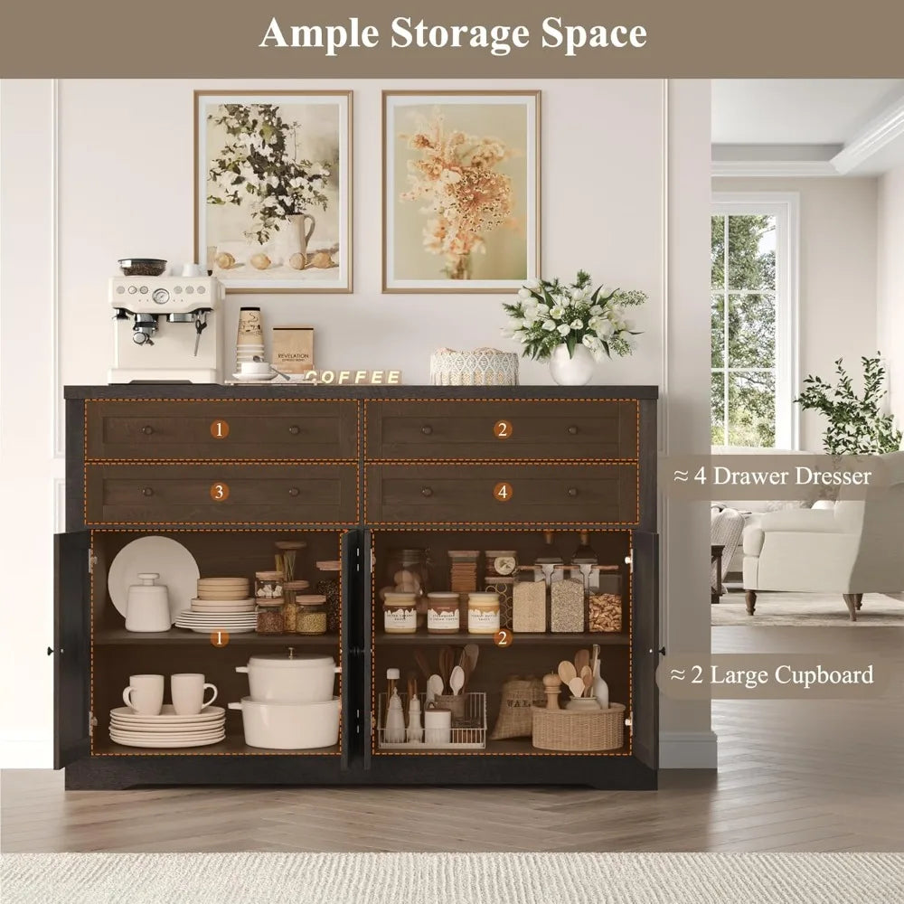 Coffee Bar with 4 Large Drawers, Buffet Cabinet with Storage