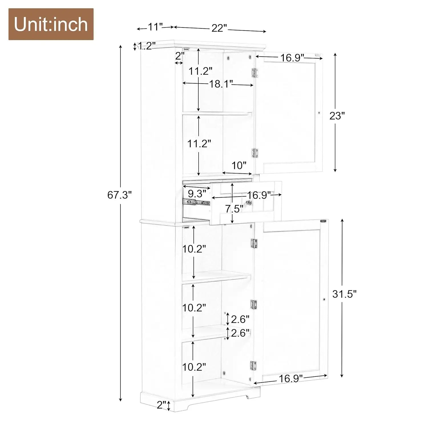 67.3" Tall Linen Cabinet, 2 Doors and 1 Drawer, Organizers Storage, Shelves