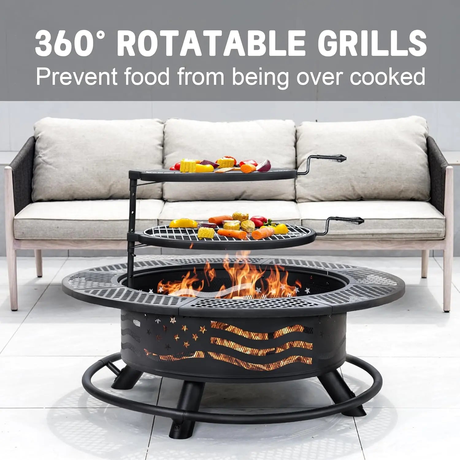 42 Inch Fire Pit with 2 Cooking Grate, Outdoor Wood Burning BBQ Grill Firepit Bowl with Cover Lid, Steel Round Table