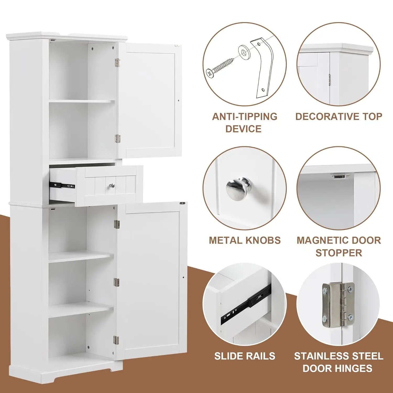67.3" Tall Linen Cabinet, 2 Doors and 1 Drawer, Organizers Storage, Shelves