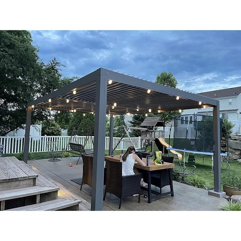 12' × 16' Louvered Pergola with Adjustable Roof, Curtains and Netting