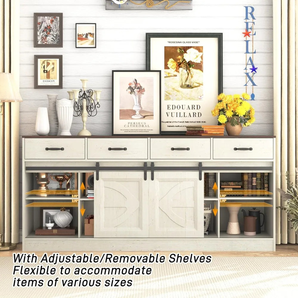 Farmhouse Style Buffet Cabinet with Sliding Doors, 4 Drawers, and Coffee Bar Feature