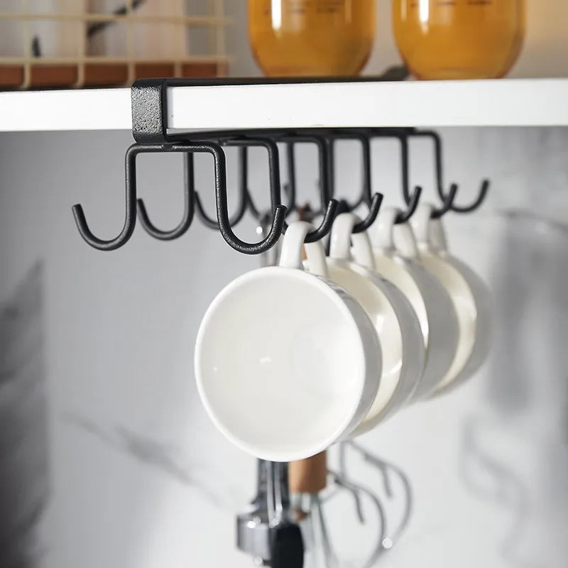 Cabinet Storage Rack Multifunctional Wardrobe Organizing Rack 6/12 Hooks Kitchen Cup Holder No Punching Storage Rack Organizer