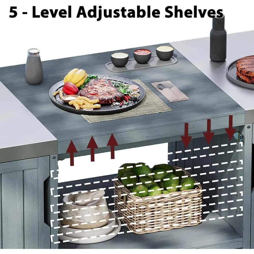 Outdoor Kitchen Island for Big Green Egg Grills, with Solid Wood Outdoor Grill Table and Stainless Steel Top