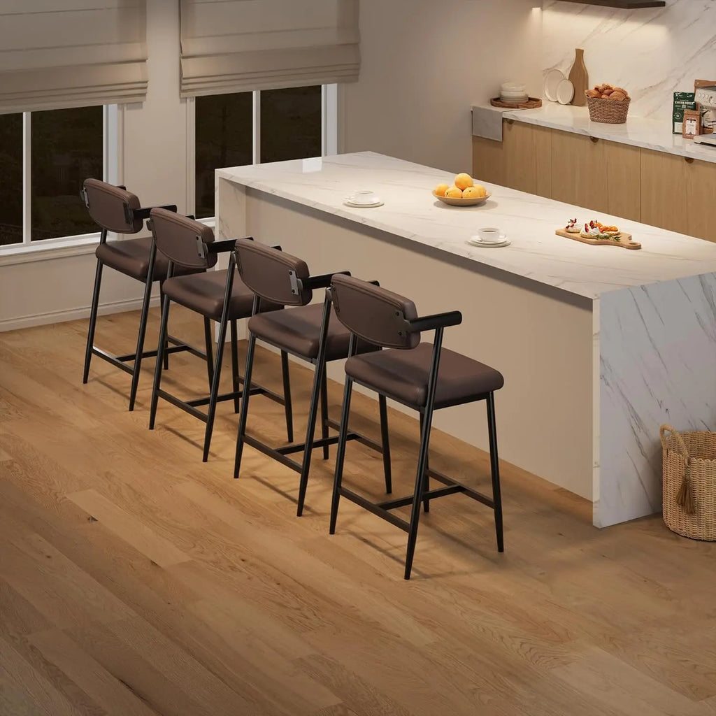 2Pcs Counter Height Bar Stools Comfortable Fully Upholstered Faux Leather Seat m