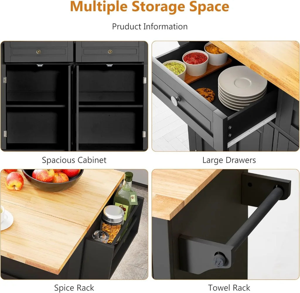 Kitchen Cart with Wood Top and Drop Leaf Breakfast Bar